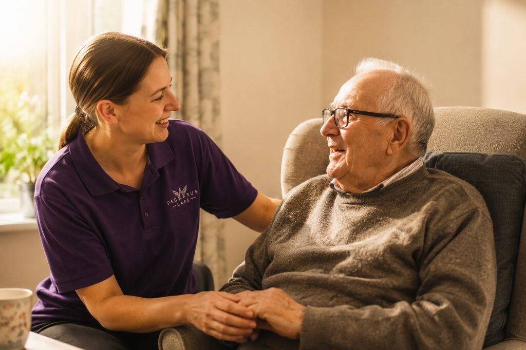 A smiling carer in a purple polo shirt sits beside an elderly man in glasses and a brown jumper, holding his hand and sharing a warm, cheerful conversation in a cosy, sunlit room.