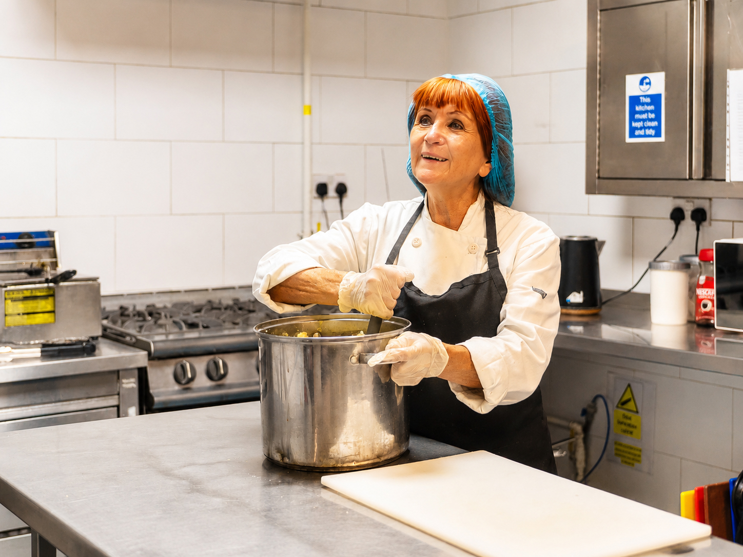 A smiling woman in a chef’s uniform and blue hairnet stirs food in a large pot in a commercial kitchen. She wears gloves and stands beside a counter with a white chopping board.