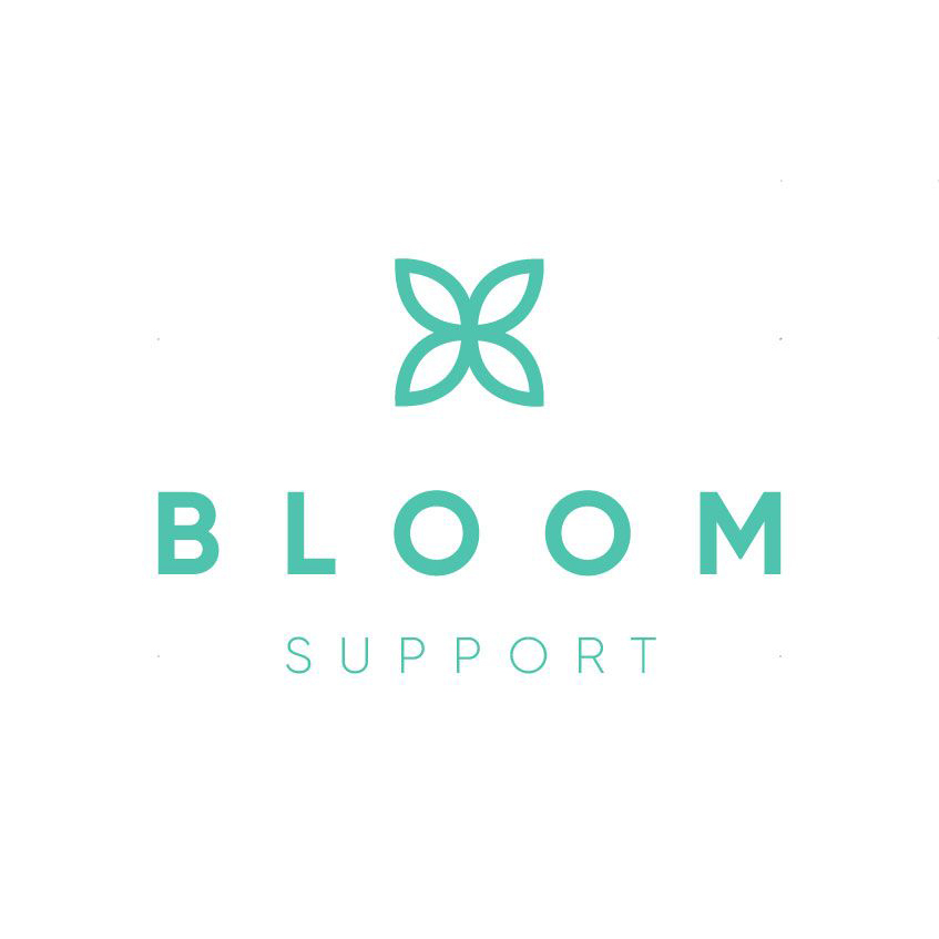 Teal logo with a stylised four-petal flower above the words “BLOOM SUPPORT” in uppercase letters on a white background.