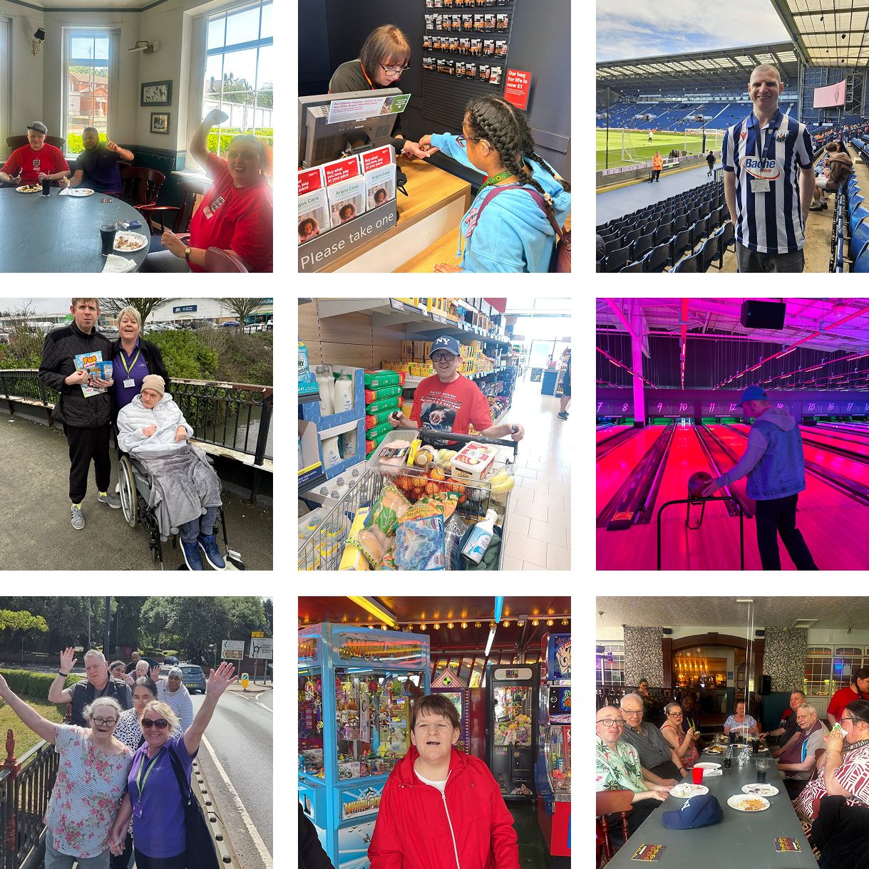 A collage of nine photos shows people enjoying activities like dining, shopping, bowling, visiting a stadium, using arcade games, and spending time outdoors together.